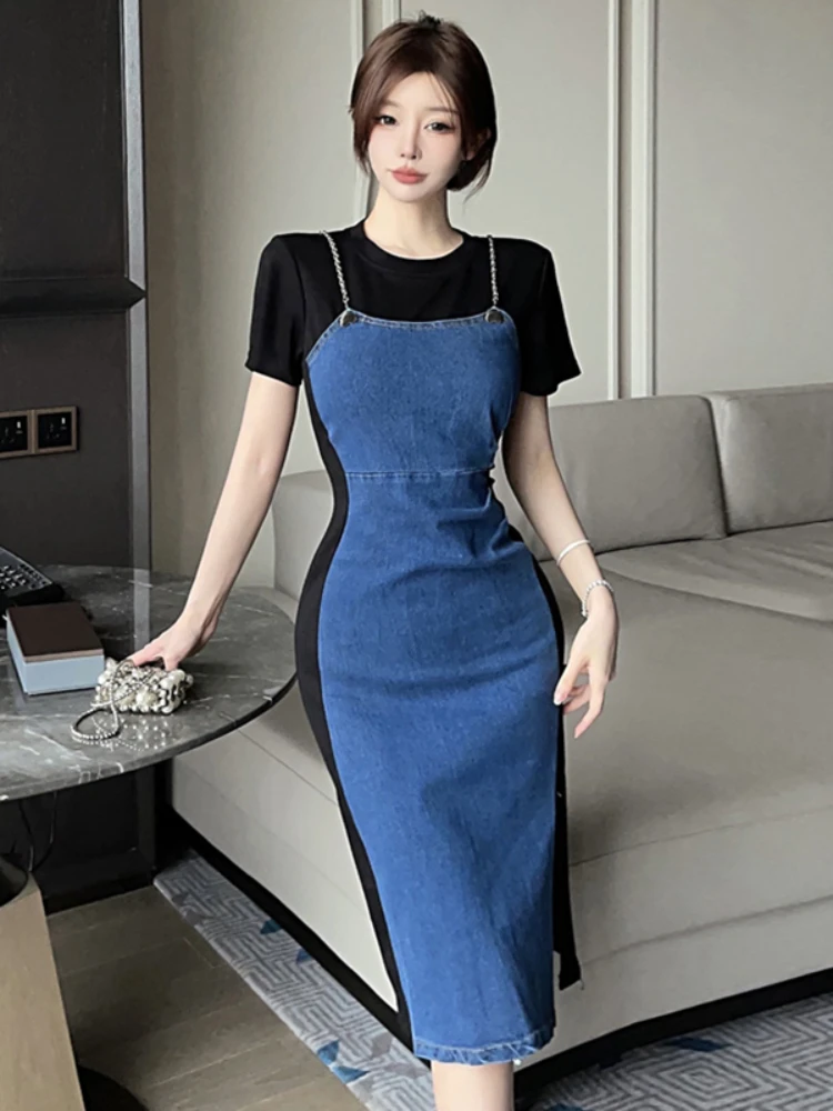 

French Commuter Fake 2-Piece Denim Dress Women's 2024 Summer New Stitching Chain Sling Split Slim-fit Sexy Mid-Length Hip Skirt