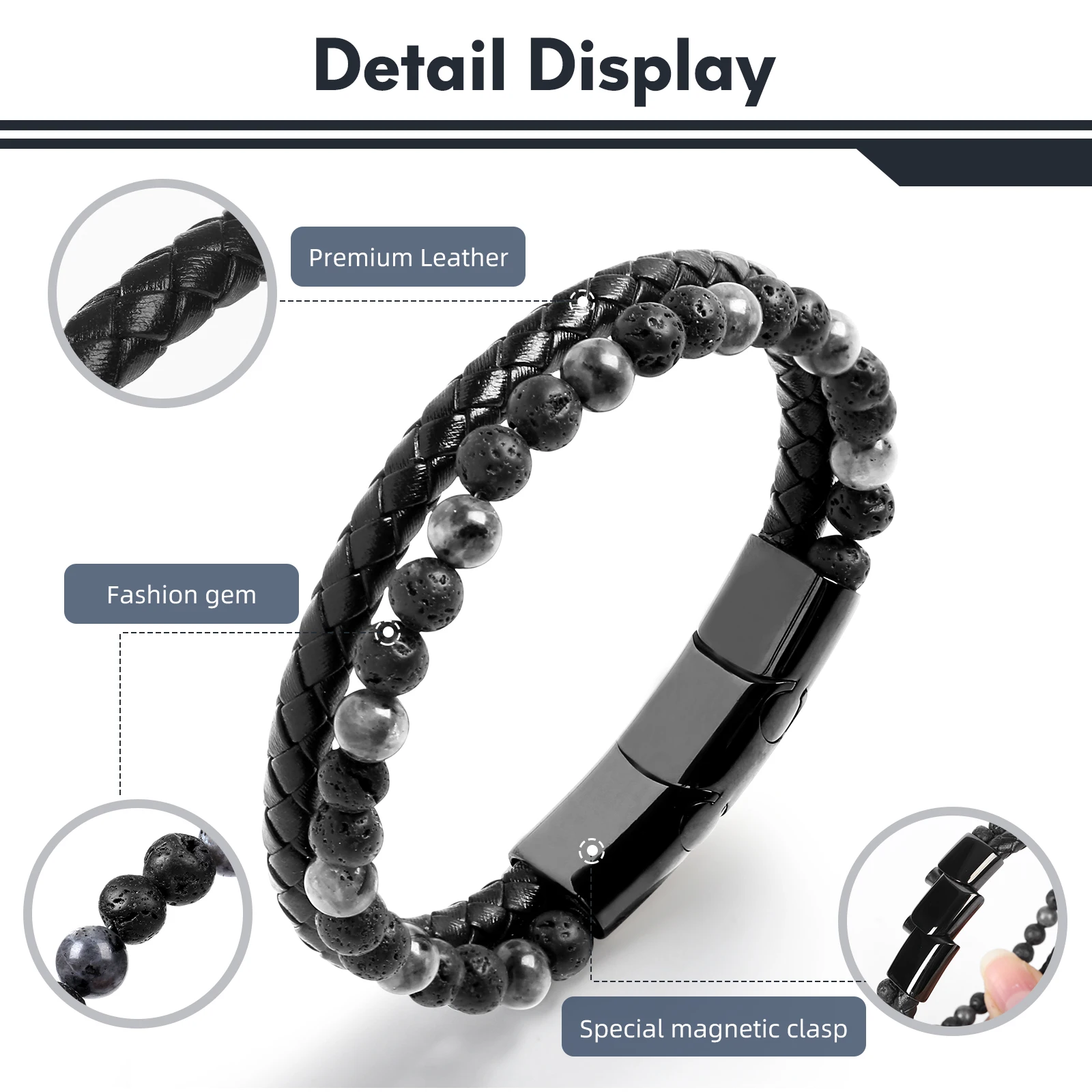 Mens Natural Lava bracelets ，Beads Bangles with Stainless Steel Clasp for men 2023 Gift