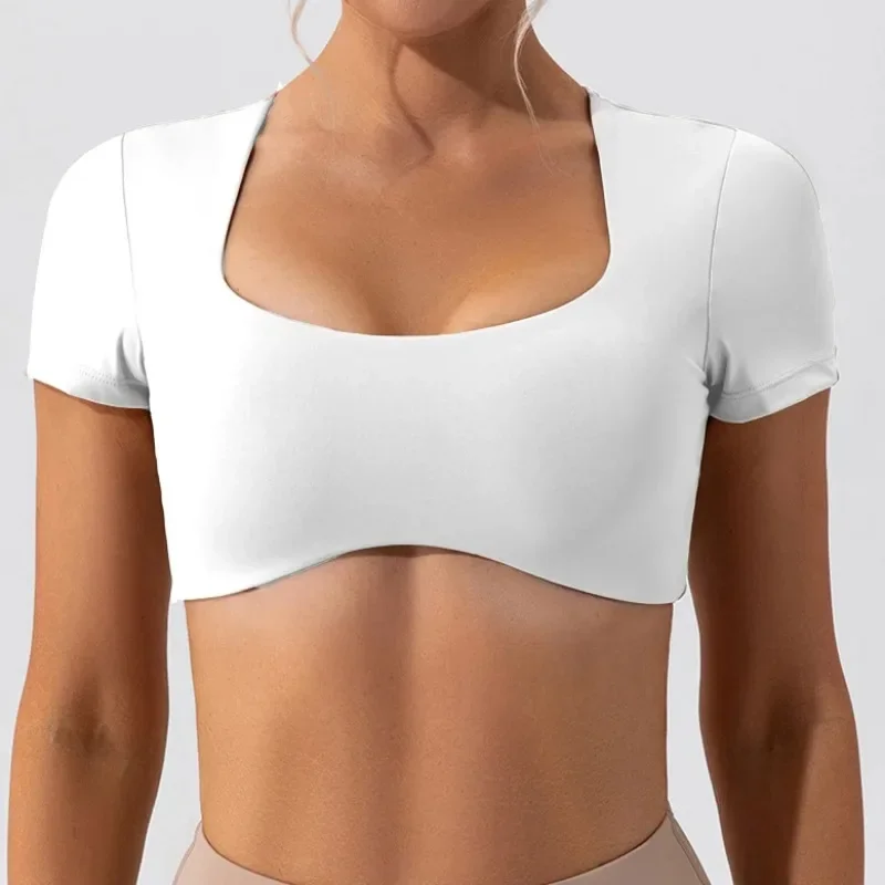 2024 Fitness Bra Short Sleeve Simple Shockproof Sports Curved Hem Yoga Shirt Slim Fit Crop Top Run Gym Shirts Women Active Wear 4