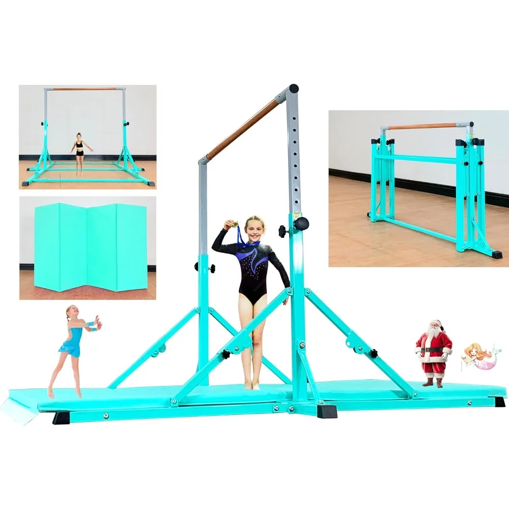 Gymnastic pole for children and teens ages 3-25, 5ft/6ft body length, 5ft/6ft height, Teal (Bar with Mat-6Ft Base)