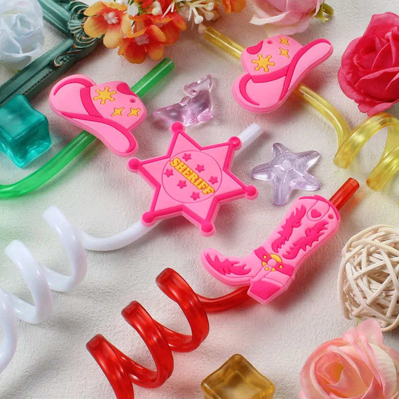 12-Piece Reusable Spiral Straws, Pink Western Cowboy Style – Vibrant Drinkware Set
