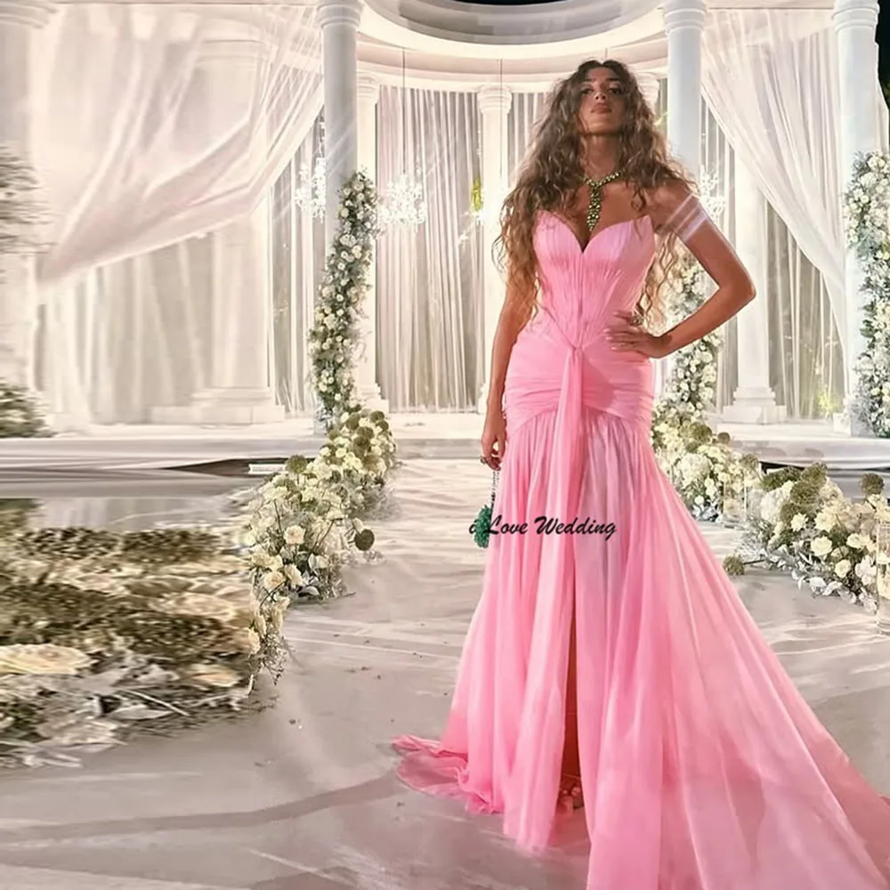 Off Shoulder Chiffon Pleated Sexy Mermaid Backless Evening Dress Floor Length Front Slit Party Gown with Sweep Court Customized 2