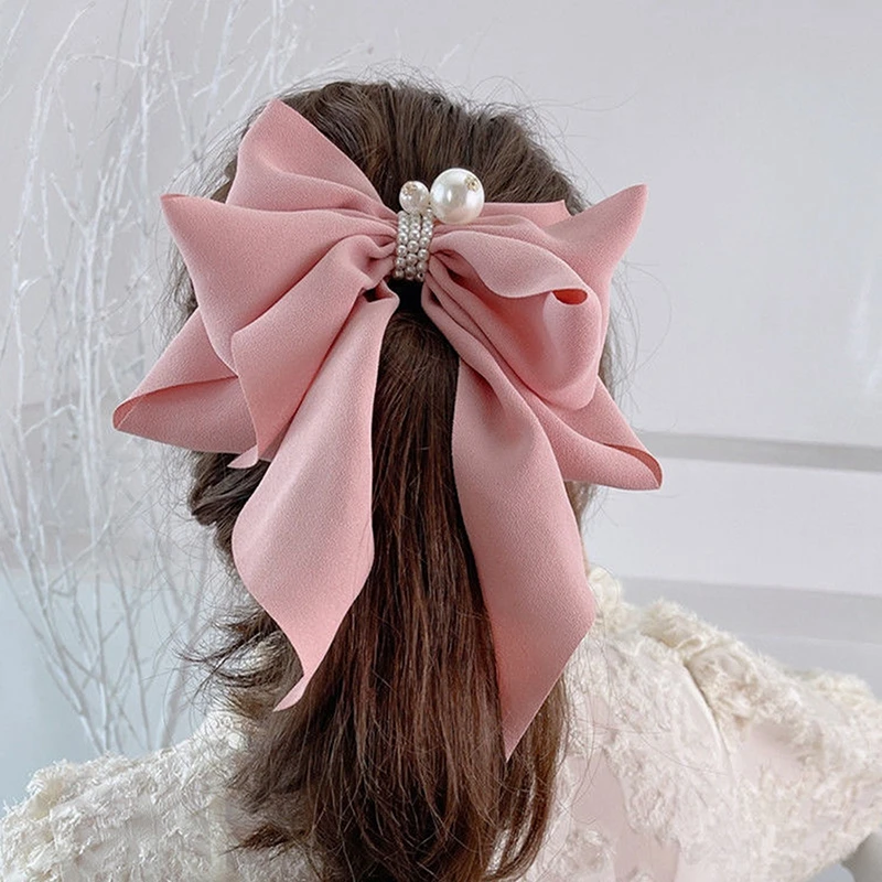 Large Satin Hair Bow with Pearl Rhinestone Center