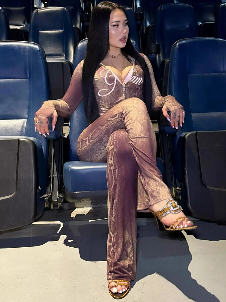 Nibber Wild Letter Tracksuit 2-Piece Set Snake Print Women Patchwork Zip Jacket+Pants Matching Casual Stretch Streetwear Outfits