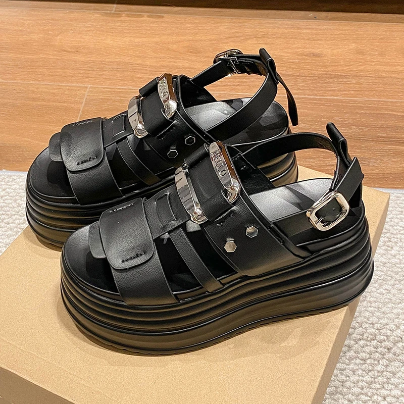 

Сандалии женские кожаные на высокой платформе, дышащие кроссовки на массивном каблуке 8 см, лето 2024