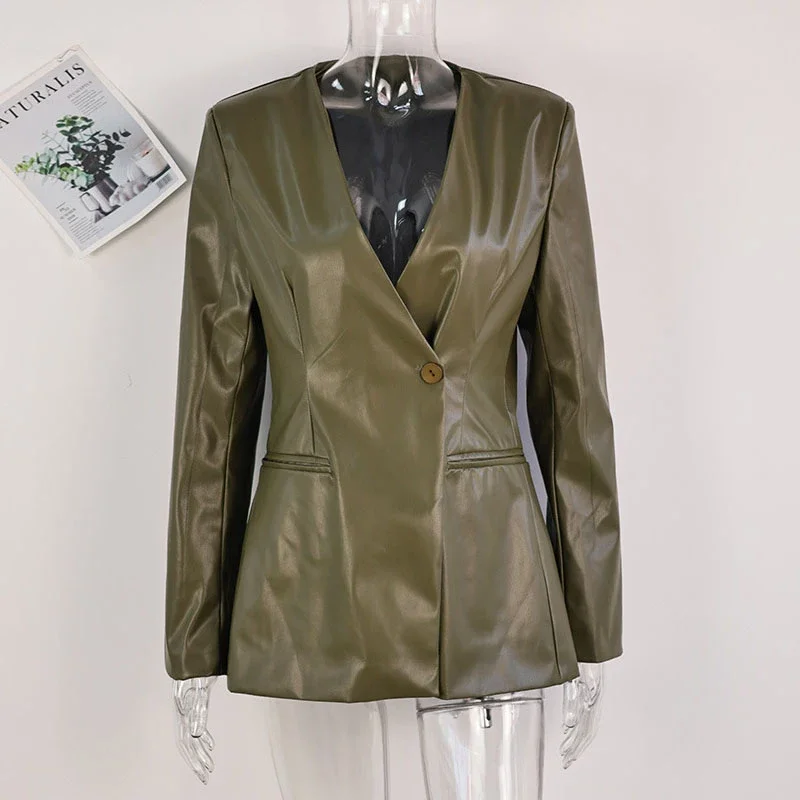 Chaqueta de cuero para mujer, estilo urbano, verde, con pliegues, escote en V, un botón, manga larga, bolsillos, abrigo hasta la cintura, primavera 2025, estilo urbano Y2K.