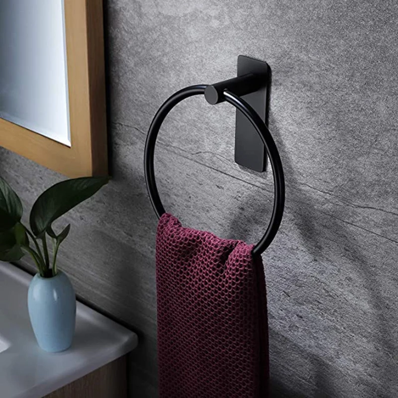 Towel Ring/Hand Towel Holder-Self Adhesive Round Rack Hand Bar for Bathroom, Stainless Steel Black