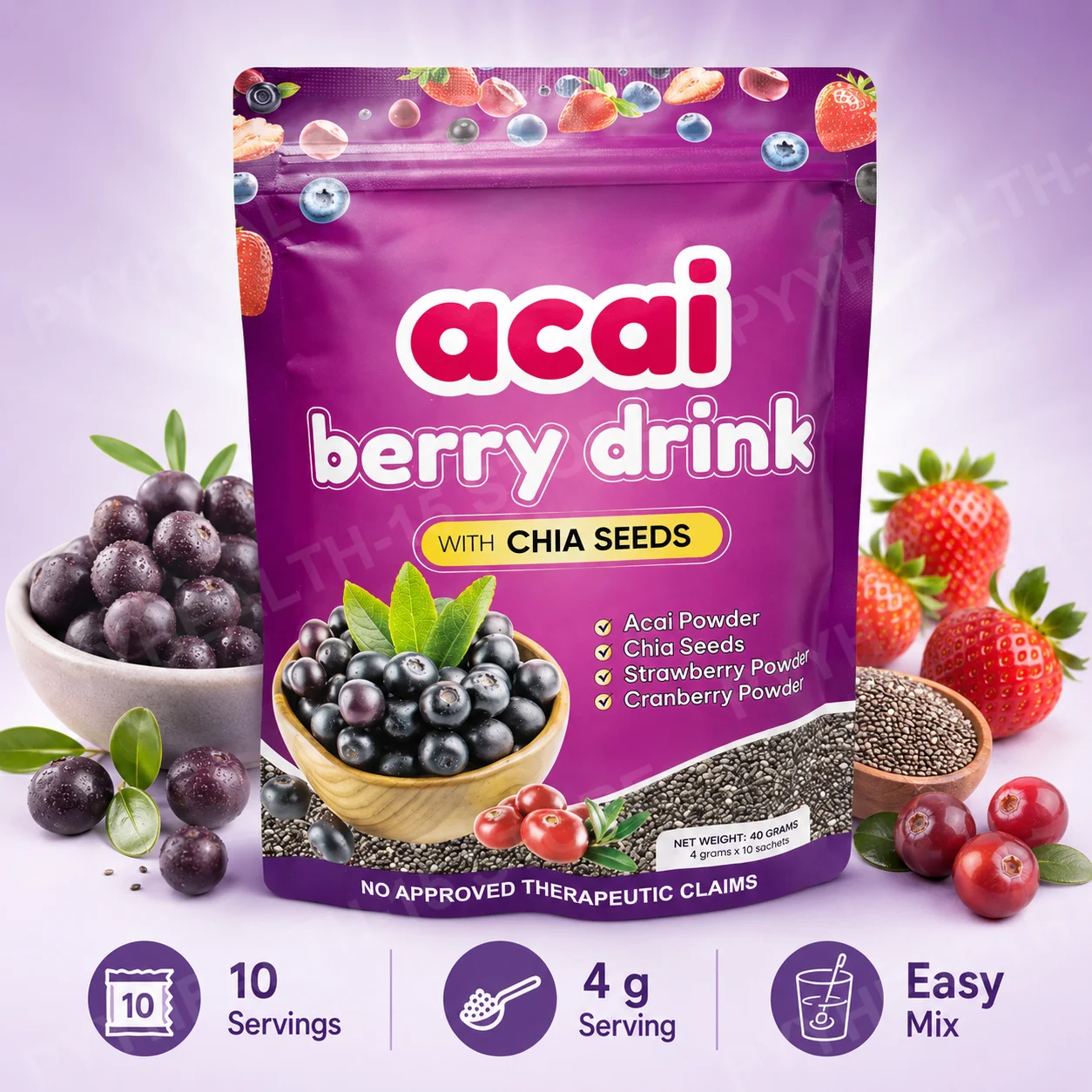 Acai Berry Powder Drink with Chia Seeds Strawberry Cranberry Smooth Fruity Taste Easy Mix Daily Beverage 10 Sachets Per Bag