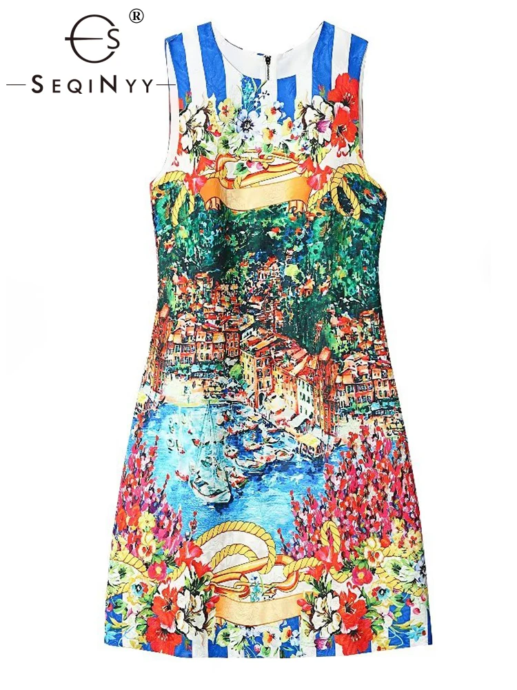 

SEQINYY Elegant Vest Dress New Runway High Street Jacquard Vintage Flower Print Casual Fashion Design Women Summer Spring
