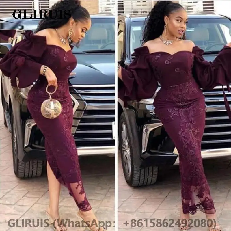 

EveningDress Mermaid Dubai Aso Ebi Ankle Length Prom Gowns Off shoulder Long Sleeve Purple Party Dress