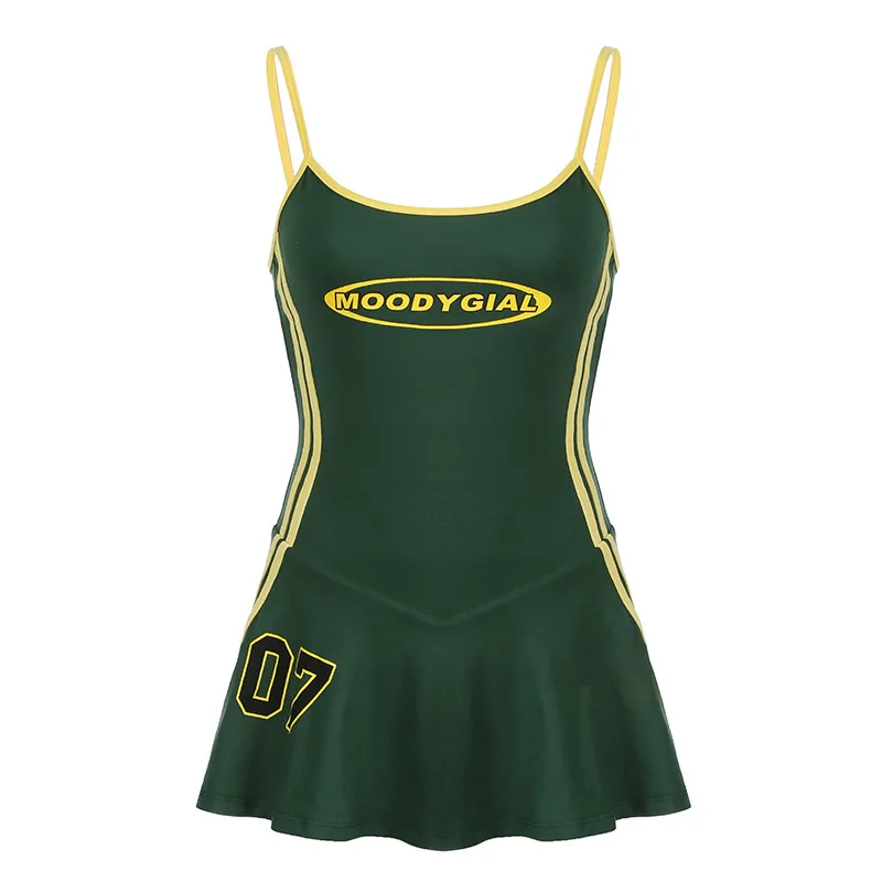 American Style Sports And Leisure Camisole Dress Summer , Digital Striped Woven Belt Contrasting Color Spicy Girl Waist