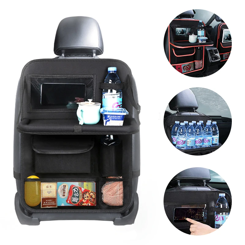 Car Backseat Organizer with Tray Multi-Functional Storage Box for Tablets Water Bottles Essentials Fits Most Vehicles