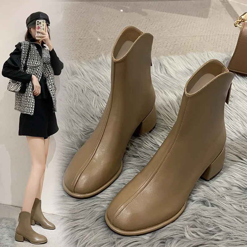 Luxury Brand Women Beige 5cm Block High Heels Ankle Winter Female Square Toe Chelsea High Quality Ladies Short Boots New Shoes
