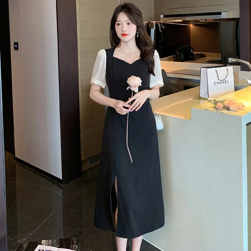 

Fashion New Models Square Collars Puff Sleeves Dress Women Summer Black Tapered Waist Split Chiffon Long Dress For Lady