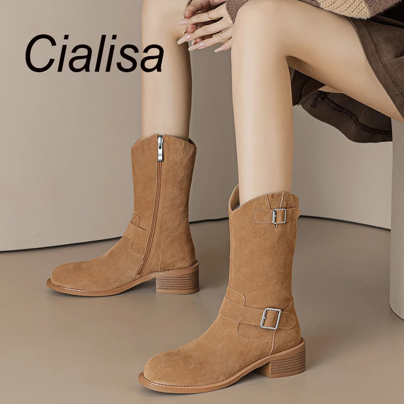 

Cialisa Genuine Leather Mid-Calf Boots Women Fashion Round Toe Belt Buckle Handmade Mid Heels Autumn Winter Lady Shoes Sizes 43