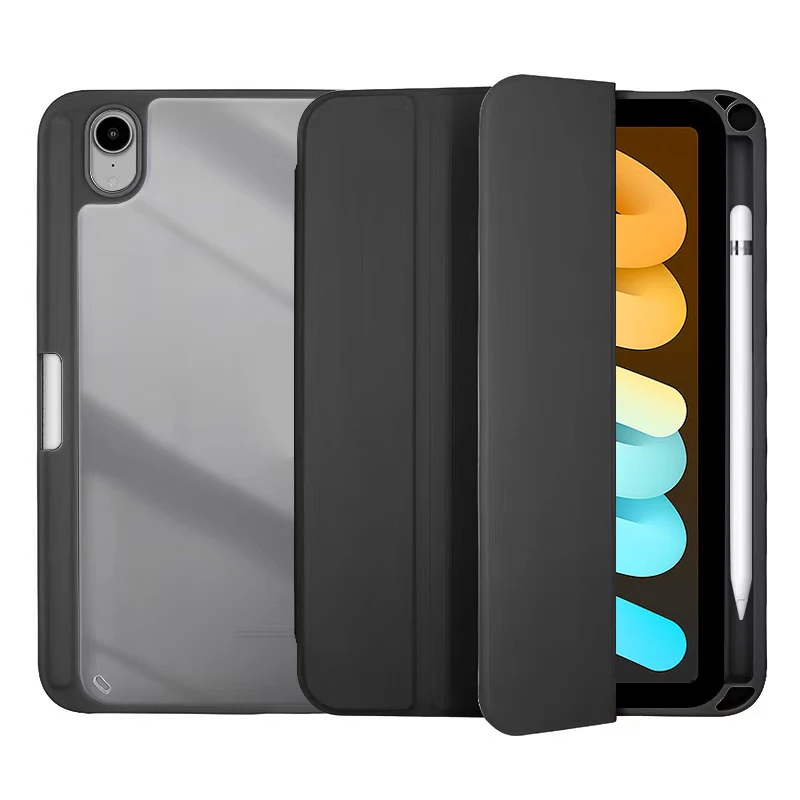 Sleek Flip Tablet Cover with Acrylic Back & Pencil Holder - Auto Wake/Sleep Feature