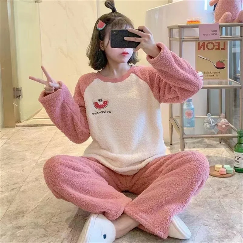 Fall and Winter Pullovers Warm Two Piece Pajamas Set Coral Velvet Cartoon Casual Sleepwear Bear Long-sleeved Loungewear Women women coral velvet pajamas set winter cute pajamas 2 piece set sleepwear long sleeve trousers suit thick warm homes clothing