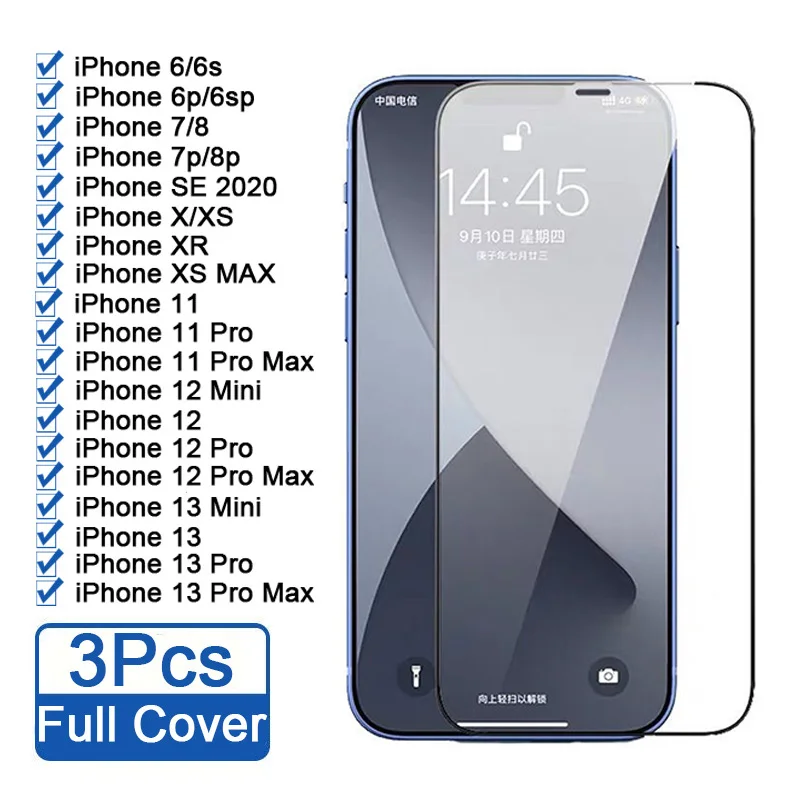

3Pcs Tempered Glass For iPhone 13 Pro Max Glass For iPhone 12 11 X XS XR HD Full Cover Screen Protector on For iPhone 7 8 6 6S