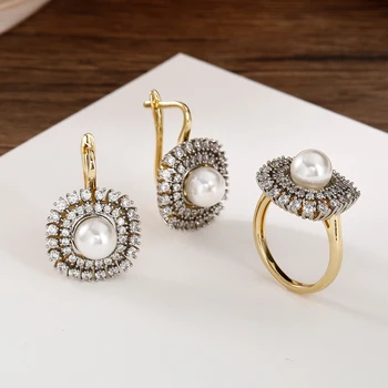 Women's Luxury Inlaid Zirconia Vintage Pearl Earrings Ring Set Copper Plated 14K Gold Fashion Jewelry Wedding Party Gift 1