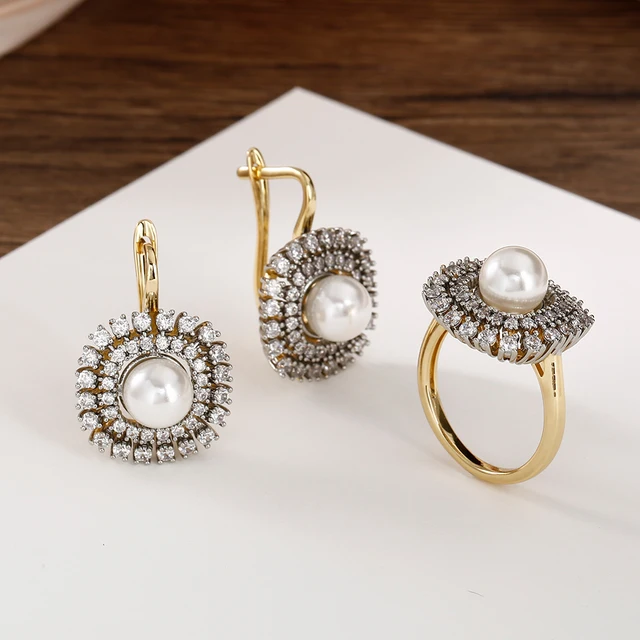 Ensemble de boucles d'oreilles et bague vintage en zircon incrusté de luxe pour femmes, plaqué cuivre or 14 carats, bijoux de mode, cadeau pour mariage ou fête 1