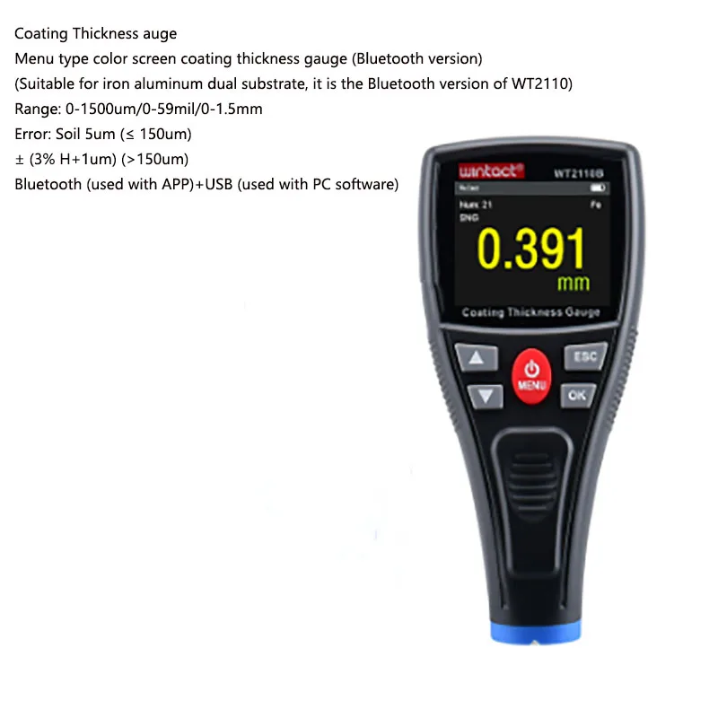 

WT2110B coating thickness gauge Bluetooth version transmission iron aluminum dual substrate measurement connection USB
