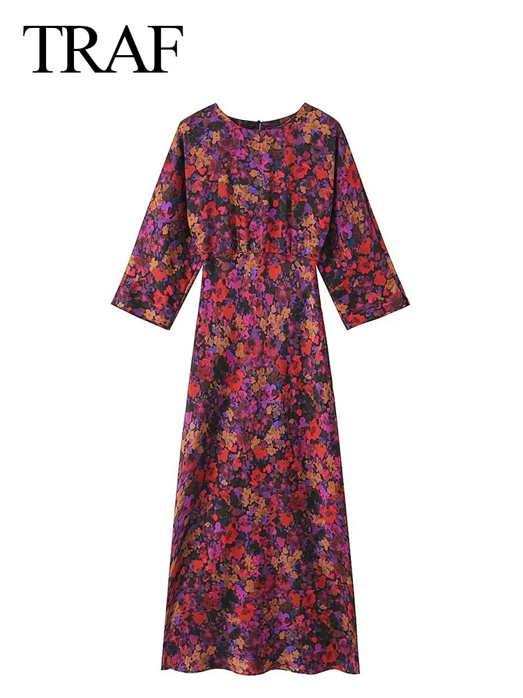 

TRAF 2023 Women Fashion Dresses Female Chic O Neck Floral Print Zipper Vintage Elegant Evening Party Female Long Dresses