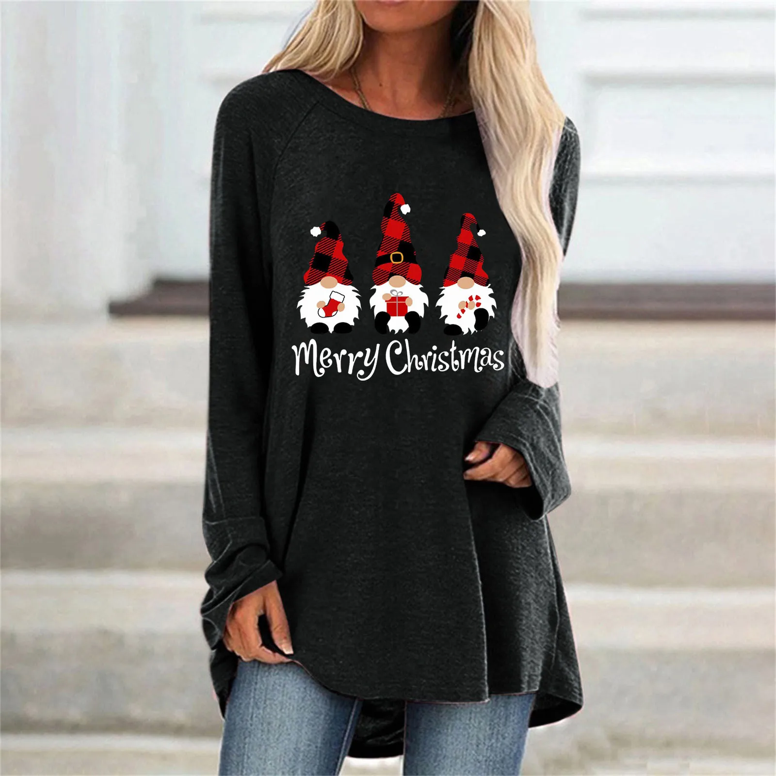 

Ladies Christmas T Shirts Womens Round Neck Printed Long Sleeve Hoodies Female Ugly Cartoon Pullovers Female Black Tee Tops