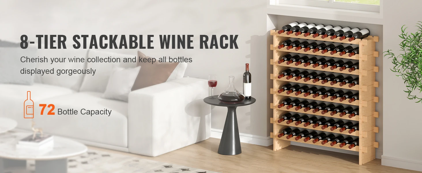 SucceBuy 48/72 Bottle Stackable Modular Wine Rack Free Standing Wine Storage Rack Bamboo Wine Holder Display Shelves for Cellar