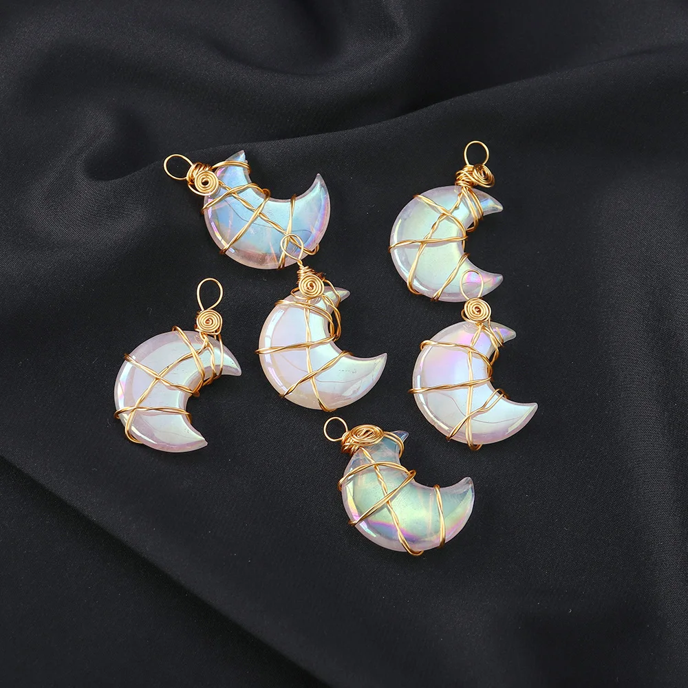 

Natural Energy Crystal Electroplated Moon Gold Copper Wire Hand-Woven Room Decoration Raw Stone Geometric Sweater Pendant