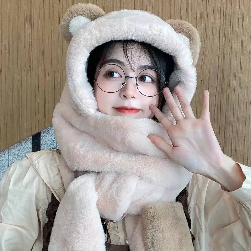 

Bear Hat Women Cute All On One Gloves Soft Pullover Hat Plush Scarf Cold Warm Ear Protection Autumn Winter Models Windproof Caps