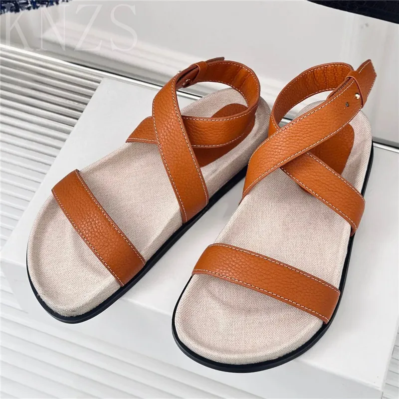 

Summer New Round Toe Genuine Leather Thick Sole Gladiator Sandals Woman Sewing Flat Cross-tied Casual Beach Shoes For Women 2024