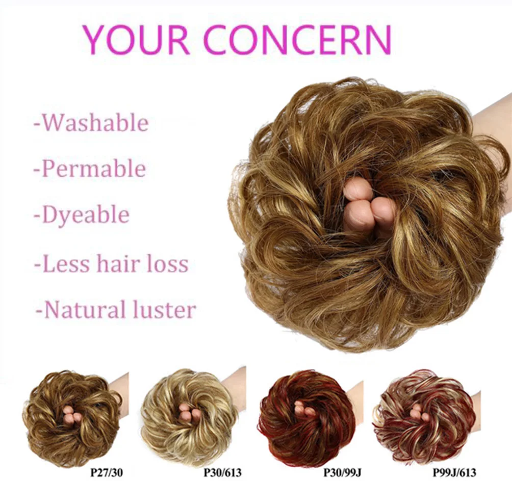 Human Hair Extensions 100% Human Hair Bun Extensions Messy Curly Elastic Hair Scrunchies Hairpieces Natural Wavy Curly Bun Pieces for Women