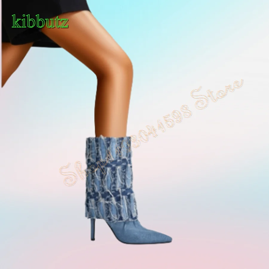 

Canvas Fringed Cowboy Boots for Women,Pointed Toe Stiletto Mid Calf Boots Retro Party Heel Boots 2024 New Zapatos Para Mujere