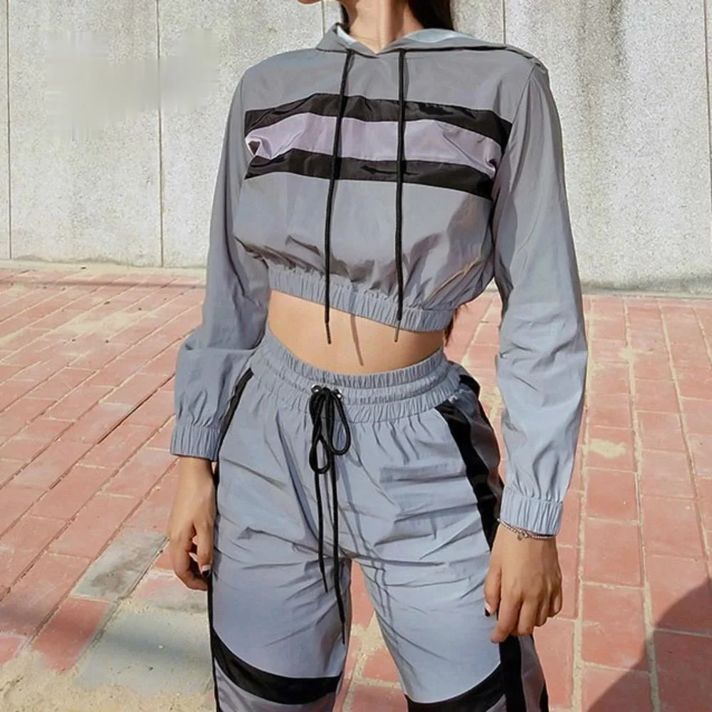 

Women's Tracksuits 2 Piece Set Reflection Crop Top and Pants Fashion Female Loose Long Sleeve Hoodies Jogger Pants Sets Femme