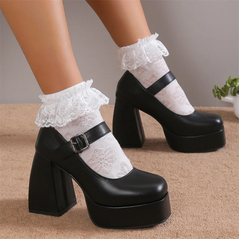 FashionWhitePlatformPumpsforWomenSuperHighHeelsBuckleStrap