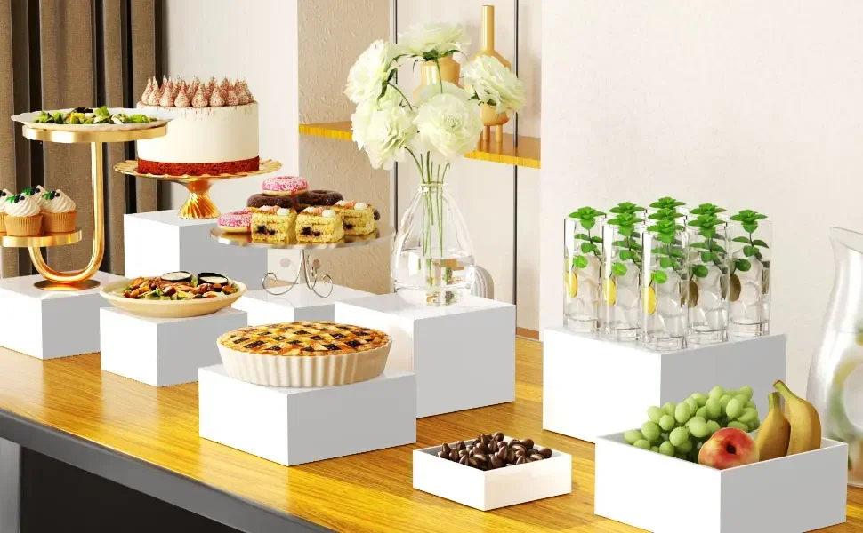 White Buffet Acrylic Riser Cube ,Decorative Acrylic Storage Boxes, Food Buffet Riser for Wedding, Party,Cakes 3