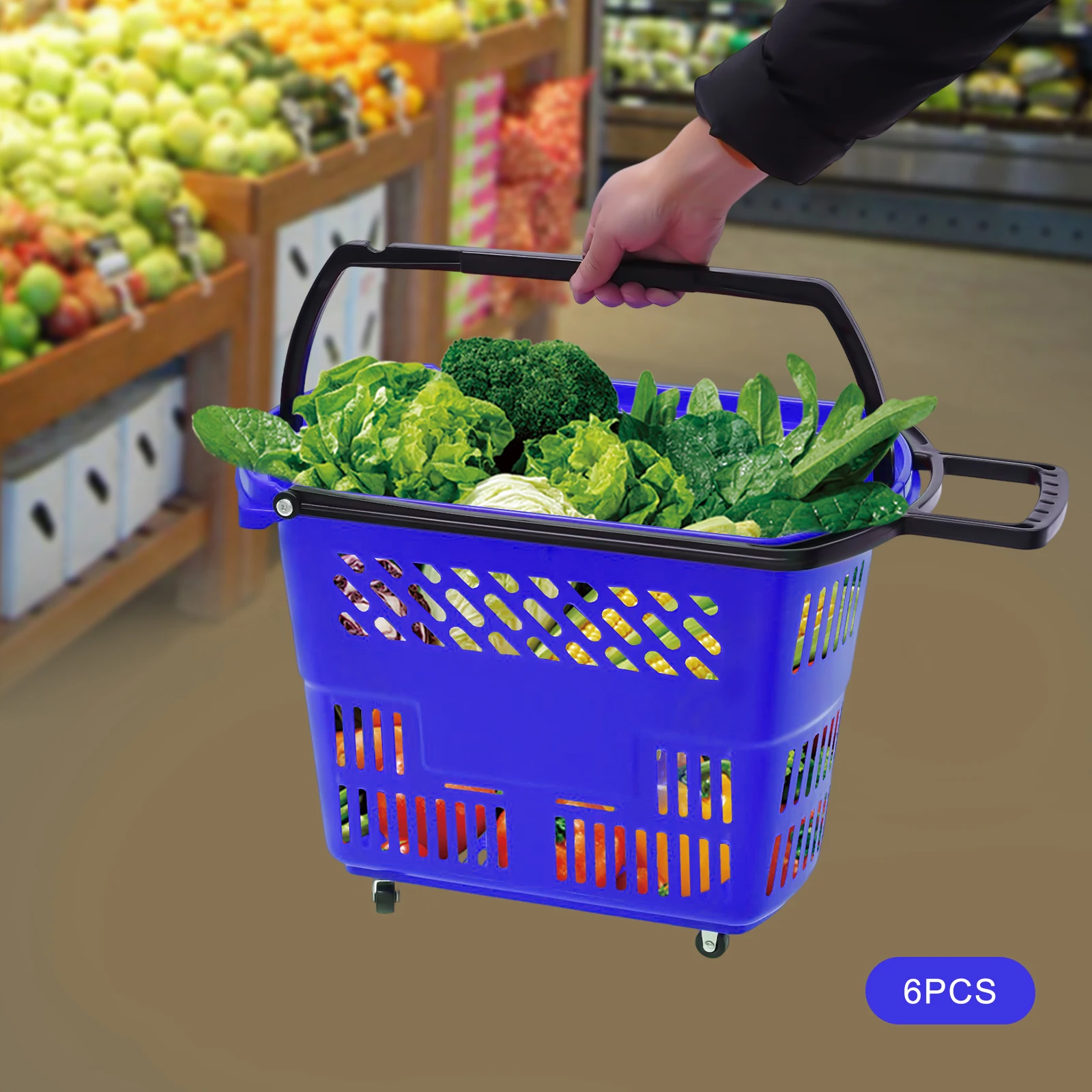 35L 6PCS Shopping Carts W/ Wheels & Handle Blue Plastic Rolling Portable Shopping Basket Set for Supermarkets Retail Stores