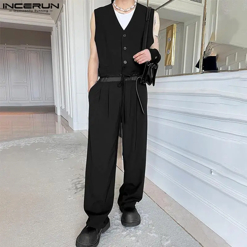 

INCERUN 2023 Korean Style Handsome Men's V-neck Sleeveless Tank Tops Solid Belt Jumpsuits Casual Streetwear Vests Rompers S-5XL
