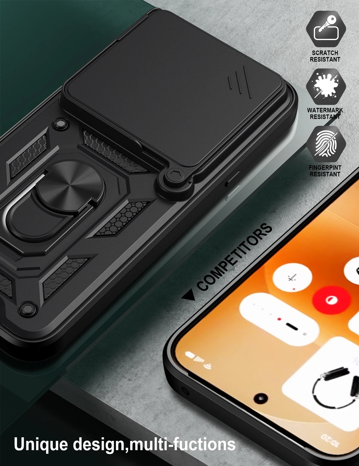 Heavy Duty Shockproof Camera Slider Phone Case with Matte Finish and Ring Holder Kickstand