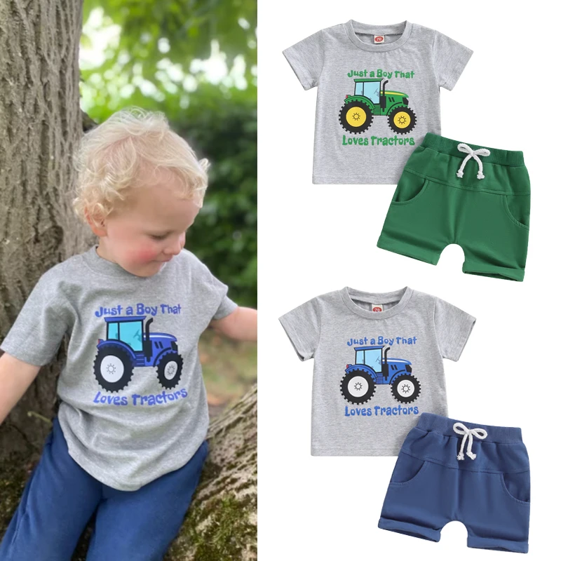 FOCUSNORM 0-4Y Toddler Little Boys Summer Clothes Sets 2pcs Tractor Letter Print Short Sleeve Tops Elastic Waist Shorts