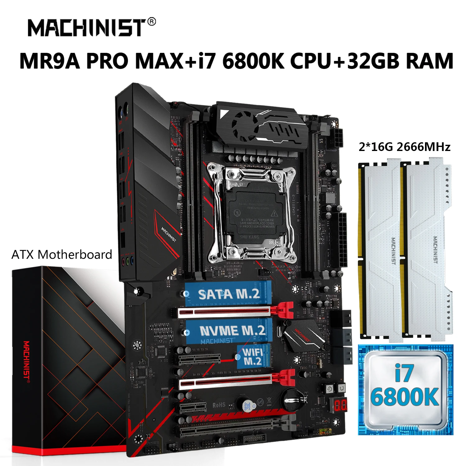 MACHINIST MR9A PRO MAX X99 마더보드 콤보 LGA 2011-3 코어 I7 6800K CPU 키트 프로세서, 32GB DDR4 RAM, 2666MHz 메모리, NVME USB3.0 