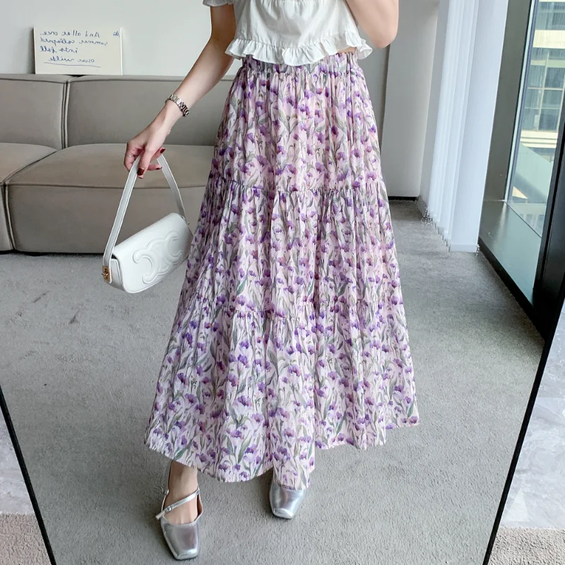 Purple Floral Chiffon Skirt Women 2023 Spring Summer Korean Loose High Waist Elastic A-line Long Skirts Female