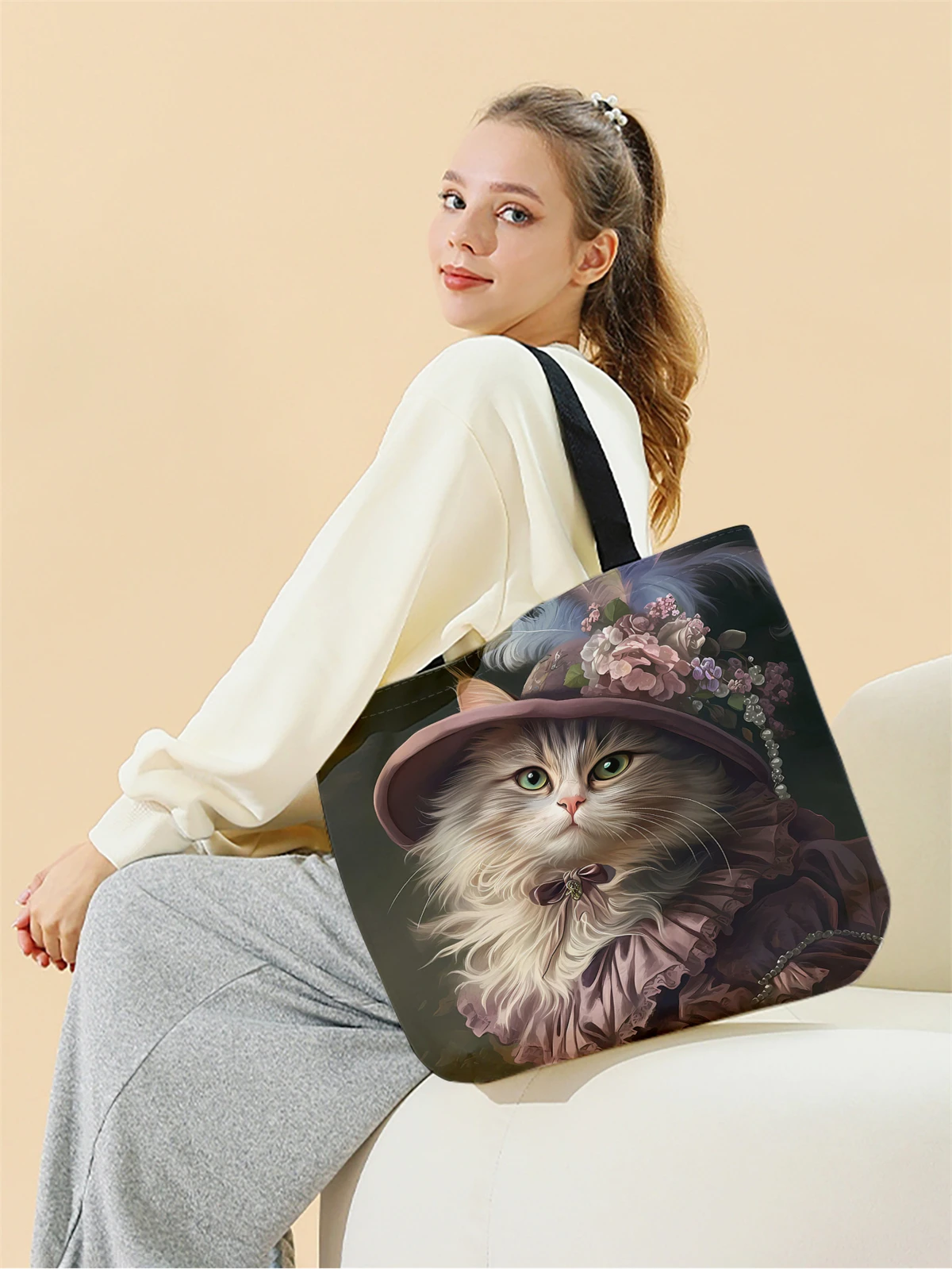1pc,artistic cat handbag, reusable fashionable handbag, multifunctional handbag, printed canvas shopping bag