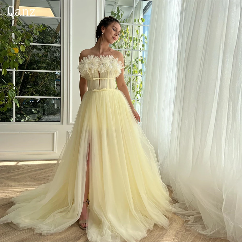 

Qanz Faint Yellow Prom Dresses Fairy Tulle Long A Line High Slit Strapless Flowers Evening Dresses Vestidos De Fiesta Elegante