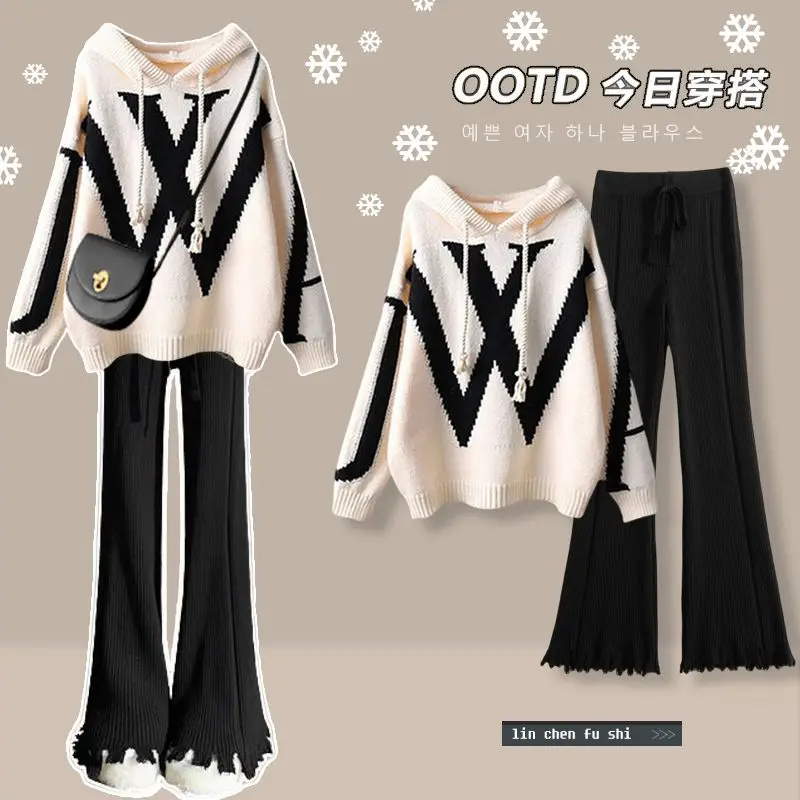 Spring Gentle Style Women's 2023 New Korean Versatile Hooded Sweater Slim High Waist Knitted Pants Two Piece Set