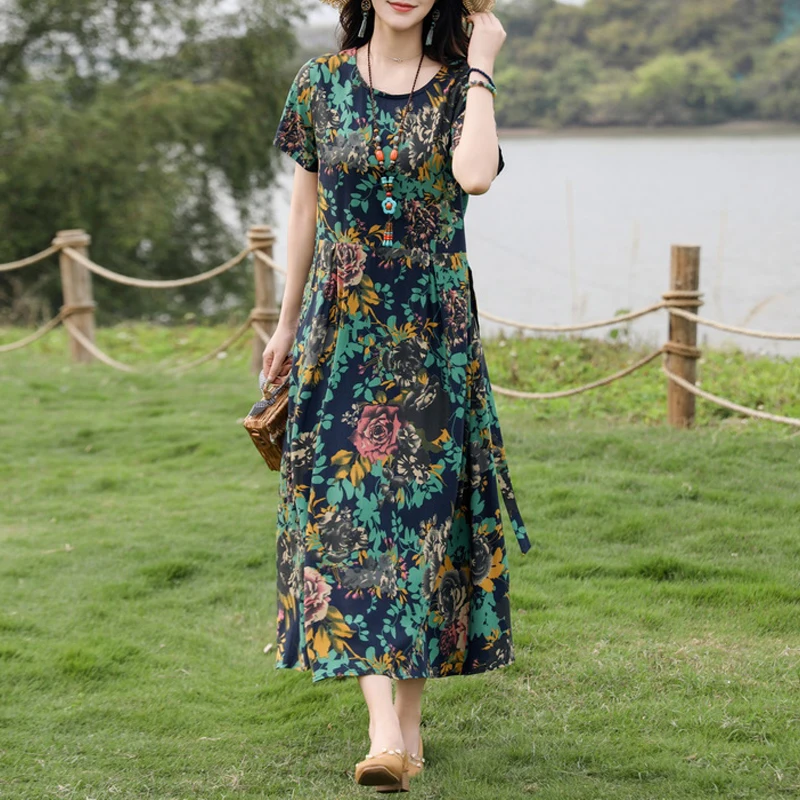 Floral Dress Plus Size Long Casual Dresses Plus Size Women Dress Maxi  Floral Tiered Waist Tie