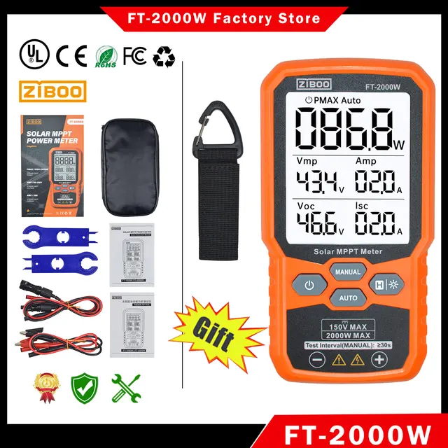 ZIBOO FT-2000W testeur de panneaux solaires compteur MPPT tension de Circuit ouvert et courant de court-circuit, avec rétro-éclairage et maintien des données, FT-1000W. 1