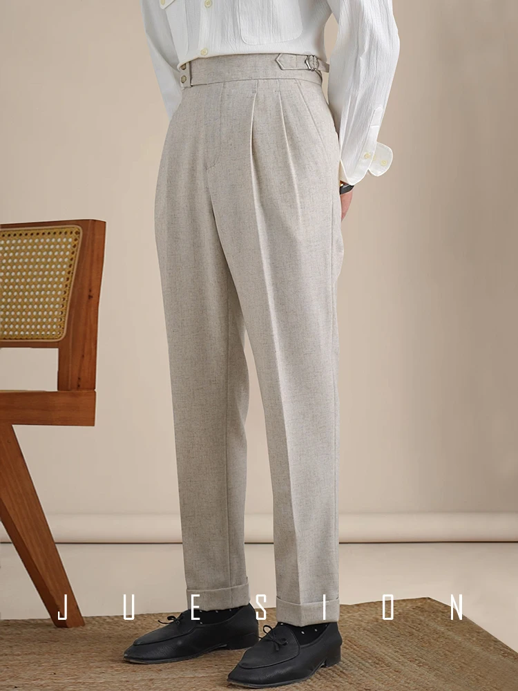 Naples Double Fold High Waist Linen Suit Pants For Men Summer Breathable Straight Leg Office Trousers Men Pantalon Costume Homme 5