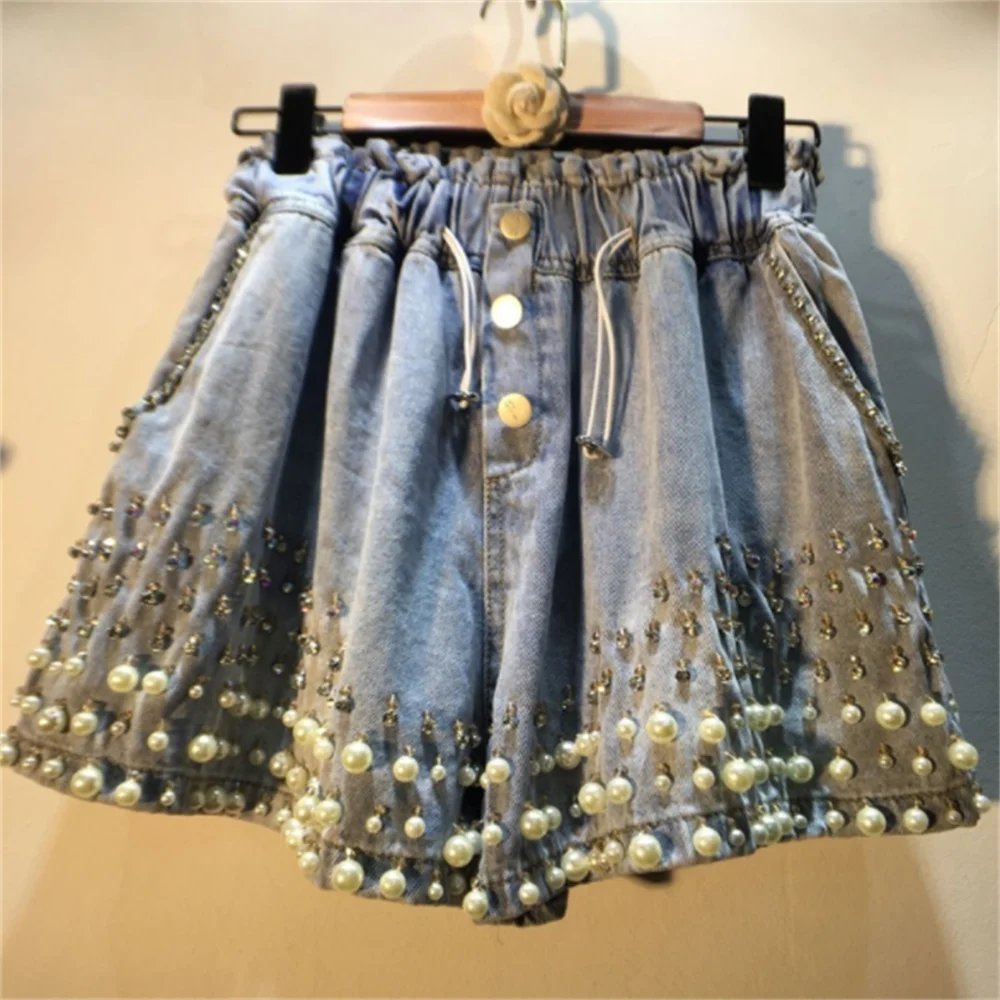 

new Pearl diamond nails beads high waist wide leg denim shorts women pants elastic waist jeans fashion