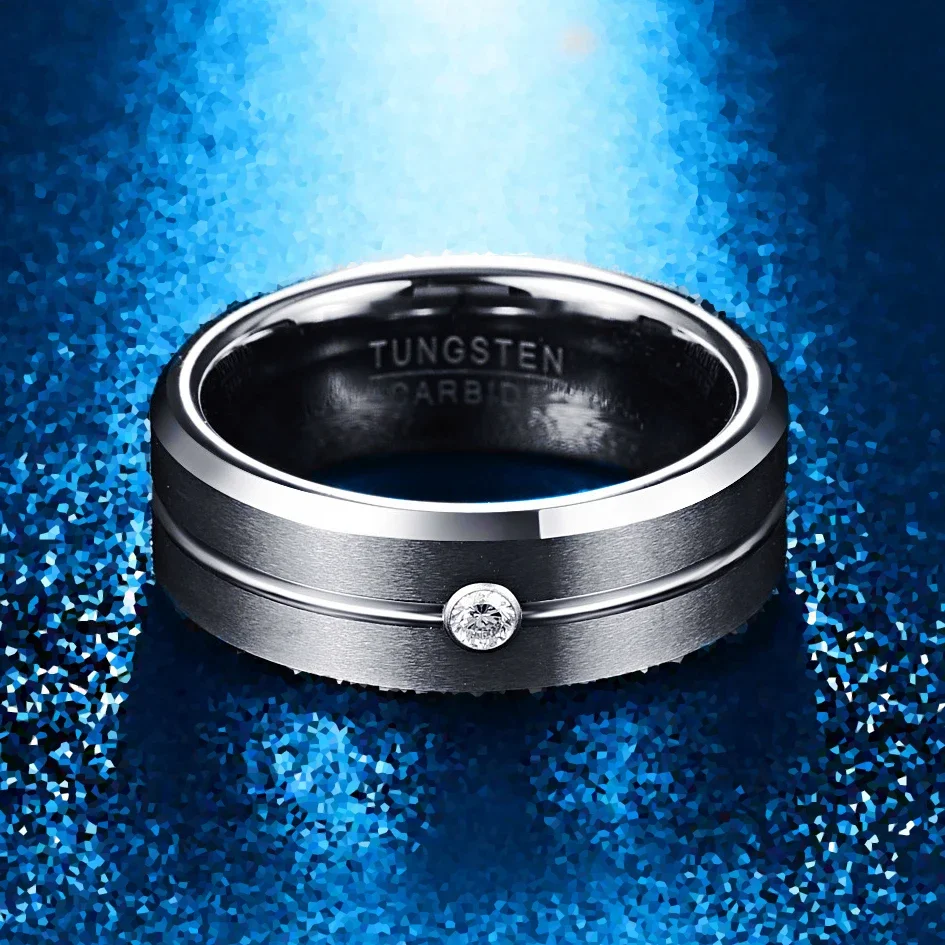 Nuncad Men's 8mm Tungsten Carbide Rings Cubic Zirconia Grooved Tungsten Wedding Band Rings Matte Finish Polished Beveled Edge 3